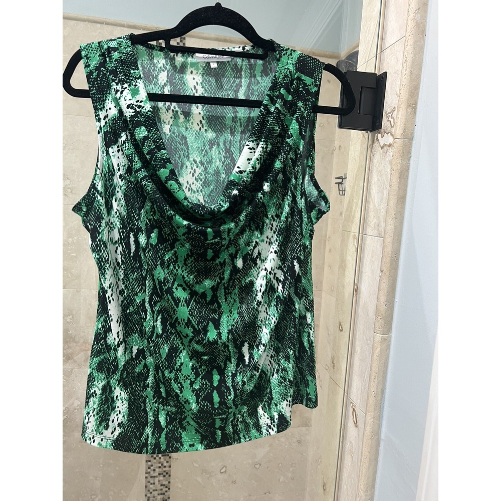 Calvin Klein Womens Large Green Black Snake Print Cowl Neck Sleeveless Blouse